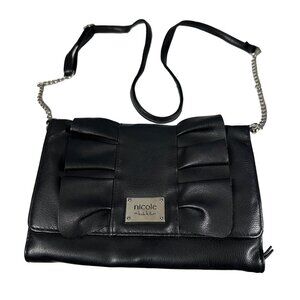 Nicole Miller black vegan leather ruffle and chain embellished crossbody purse